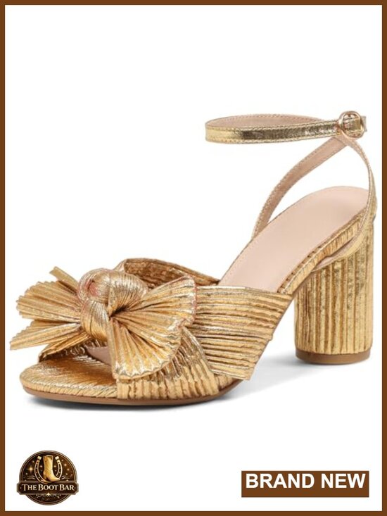 Shoes - Women's Pleated Bow Heeled Sandals Open Toe Block Chunky Heel